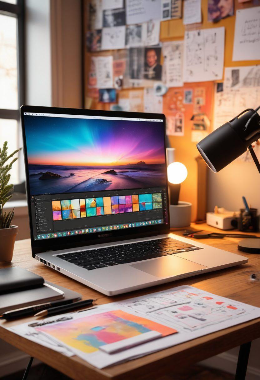 A dynamic workspace featuring a laptop displaying a vibrant video editing software interface, surrounded by a camera, microphone, and various tools symbolizing adult content creation. The background showcases a cozy studio environment with soft lighting, reflecting creativity and professionalism. Include a vision board with notes on video ideas and techniques. super-realistic. vibrant colors. 3D.