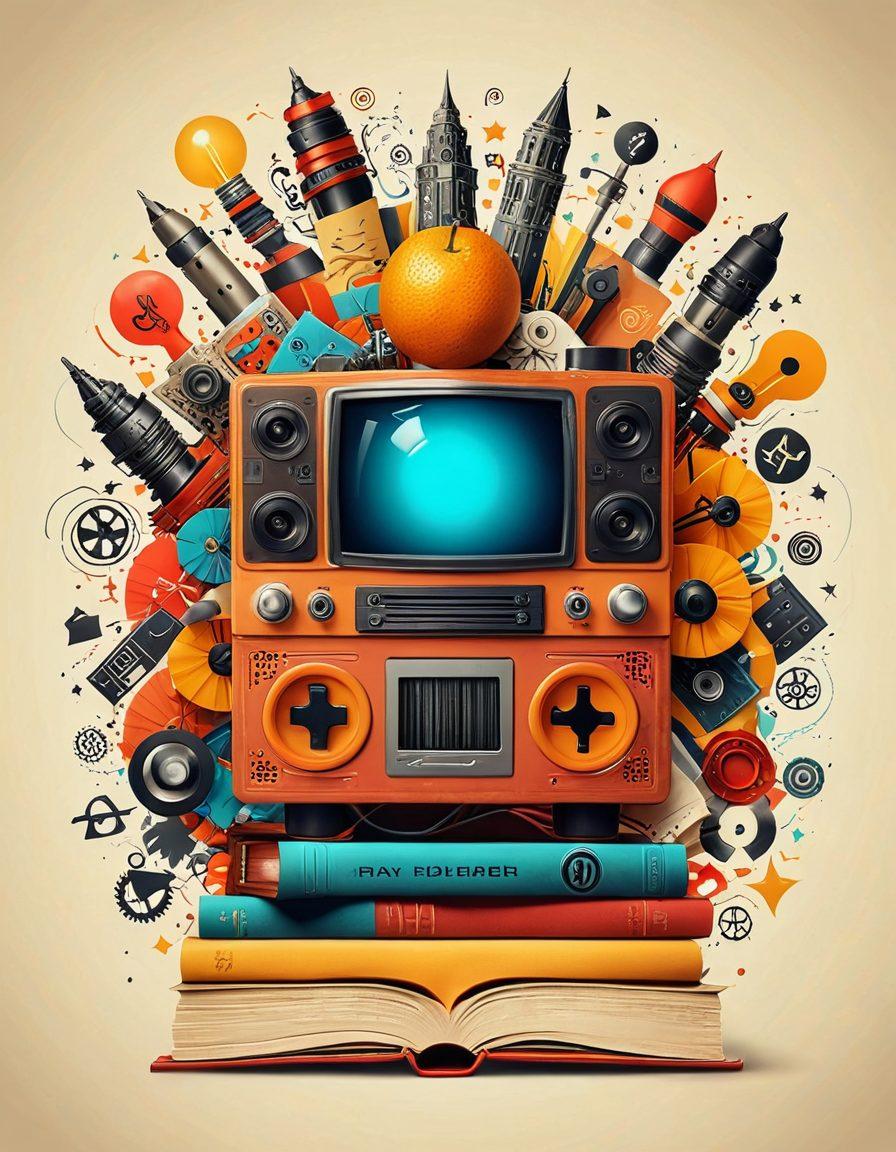 A vibrant and dynamic collage showcasing adult media elements blended with educational symbols. Include a film reel and books intertwined with playful icons like video game controllers and lightbulbs. Add warm colors and a sense of movement to evoke creativity and learning. The background can feature abstract shapes to symbolize the merging of entertainment and education. super-realistic. vibrant colors. 3D.